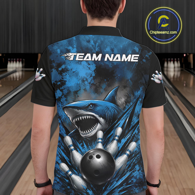 Custom Black And Blue Shark Bowling Jerseys Team Polo Shirt