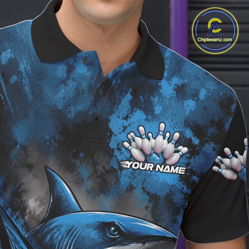 Custom Black And Blue Shark Bowling Jerseys Team Polo Shirt