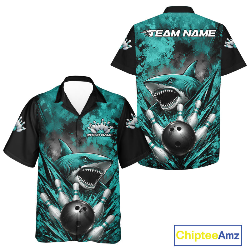 Custom Black And Turquoise Blue Shark Bowling Jerseys Team Hawaiian Shirt And