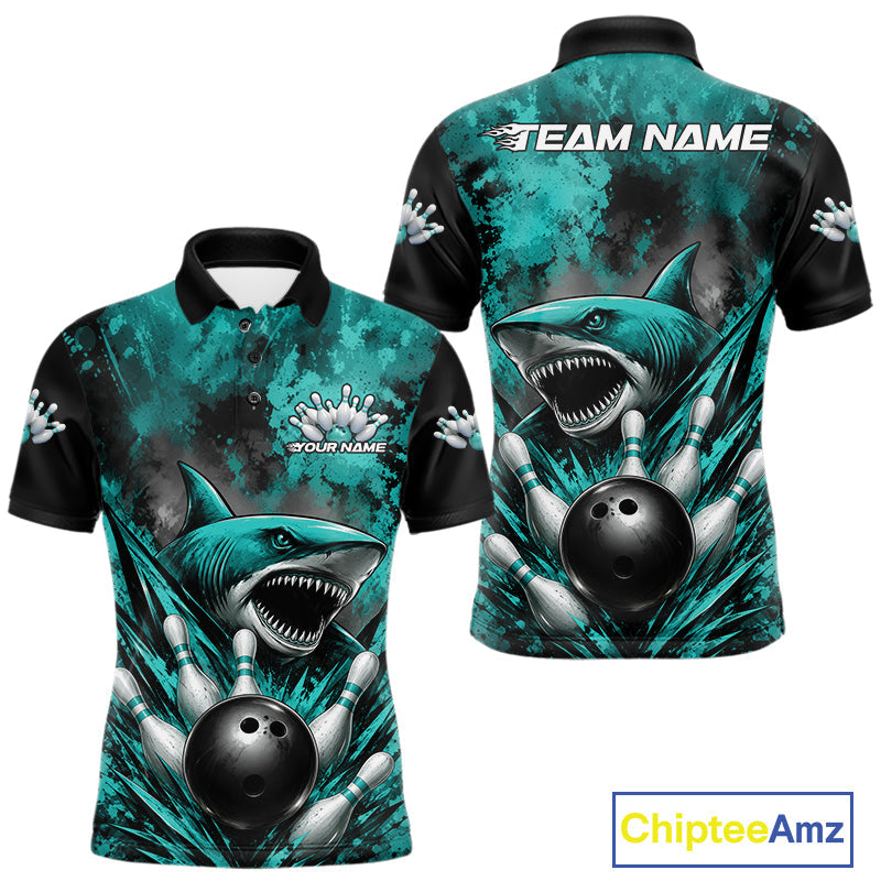 Custom Black And Turquoise Blue Shark Bowling Jerseys Team Polo Shirt