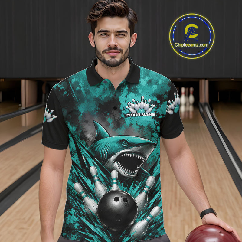 Custom Black And Turquoise Blue Shark Bowling Jerseys Team Polo Shirt