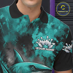 Custom Black And Turquoise Blue Shark Bowling Jerseys Team Polo Shirt