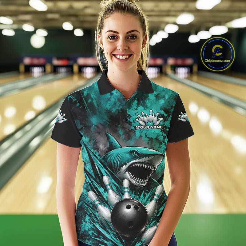 Custom Black And Turquoise Blue Shark Bowling Jerseys Team Polo Shirt