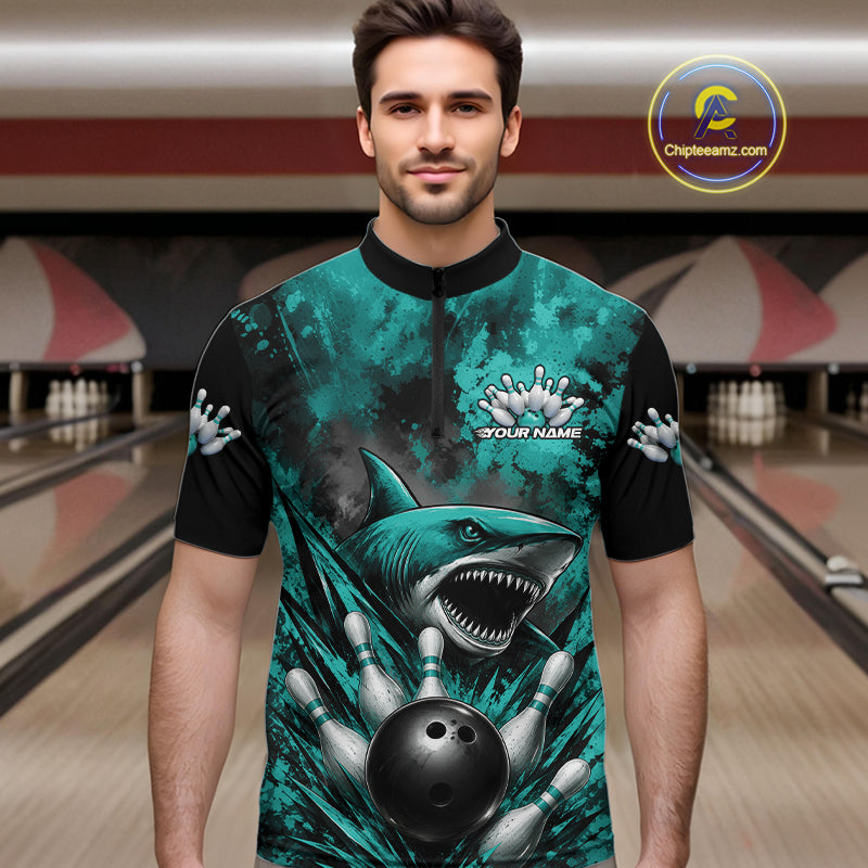 Custom Black And Turquoise Blue Shark Bowling Jerseys Team Quarter-Zip Shirt