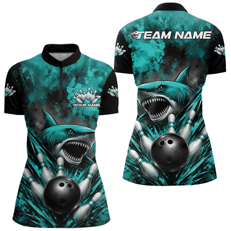 Custom Black And Turquoise Blue Shark Bowling Jerseys Team Quarter-Zip Shirt