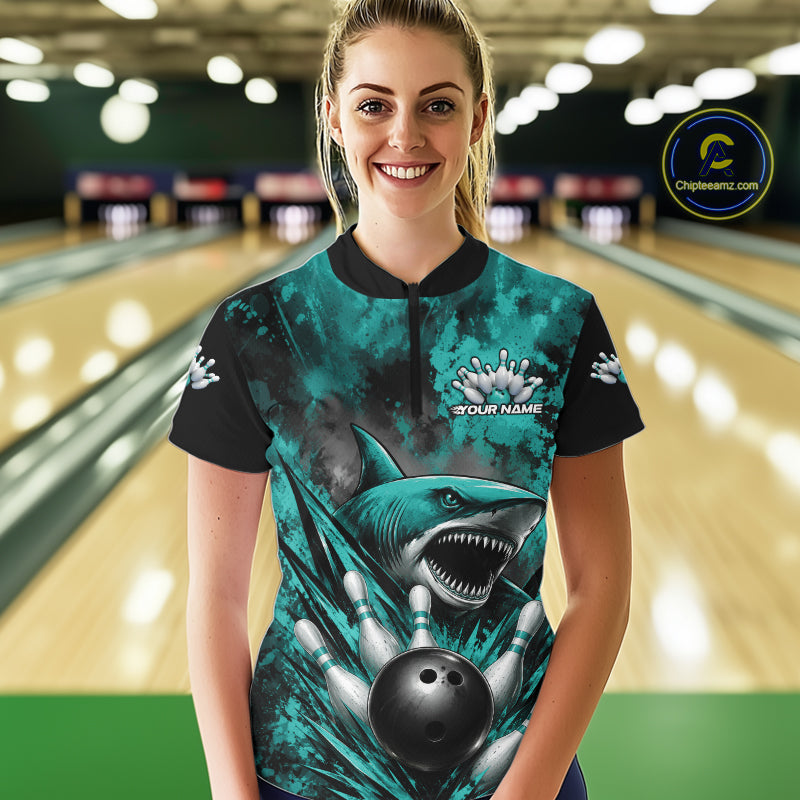 Custom Black And Turquoise Blue Shark Bowling Jerseys Team Quarter-Zip Shirt