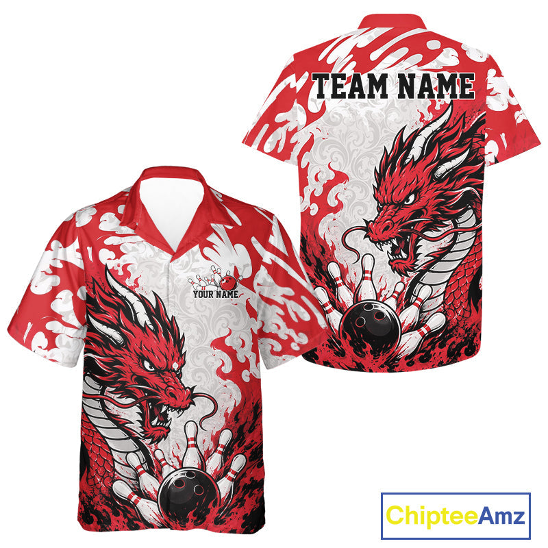 Custom Red Flame Dragon Bowling Team And Hawaiian Shirts, Bowling Tournament Shirt