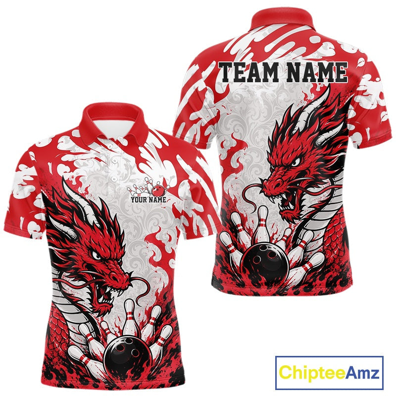 Custom Red Flame Dragon Bowling Team Polo Shirts, Bowling Tournament Shirt