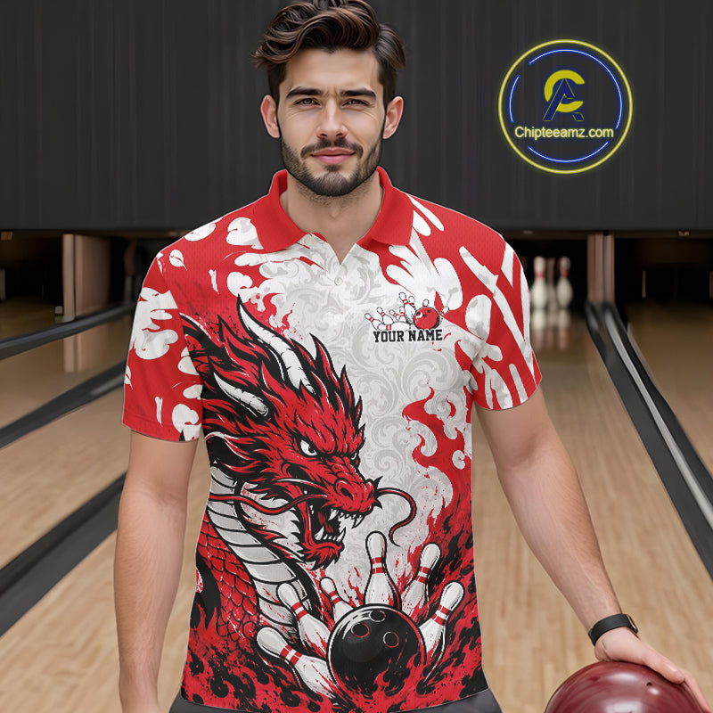 Custom Red Flame Dragon Bowling Team Polo Shirts, Bowling Tournament Shirt