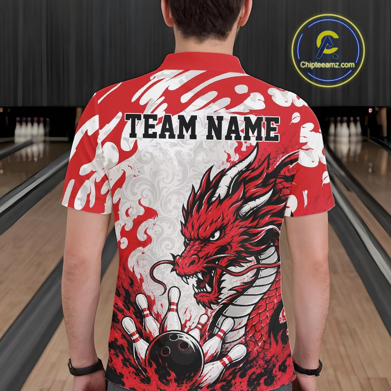 Custom Red Flame Dragon Bowling Team Polo Shirts, Bowling Tournament Shirt
