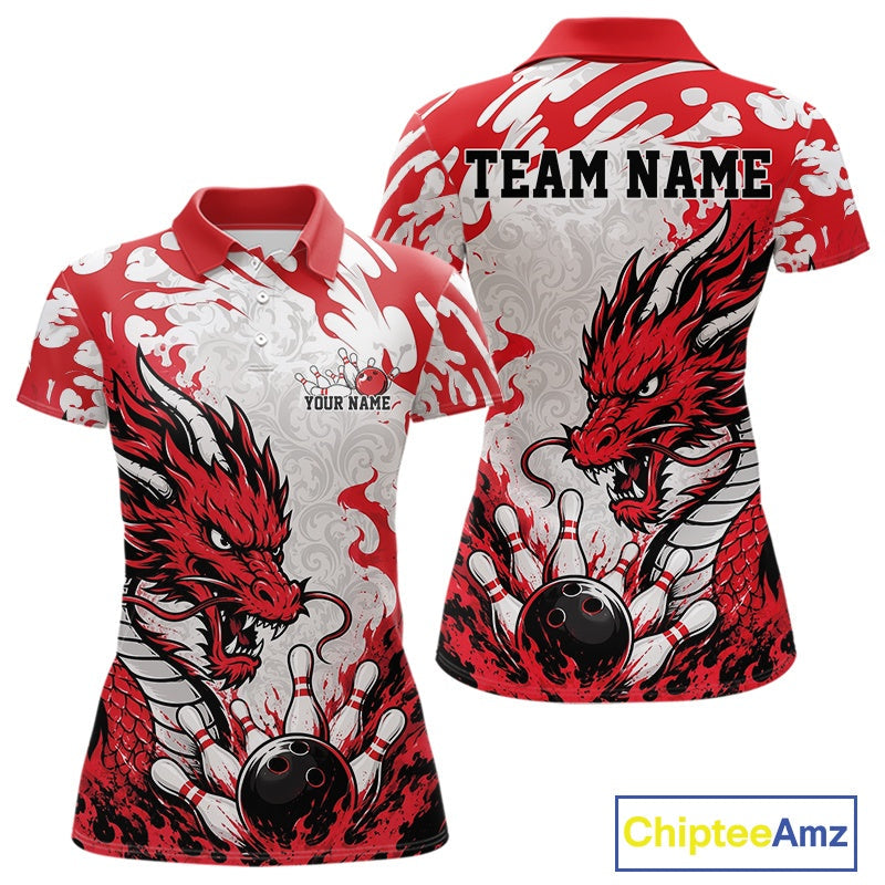 Custom Red Flame Dragon Bowling Team Polo Shirts, Bowling Tournament Shirt