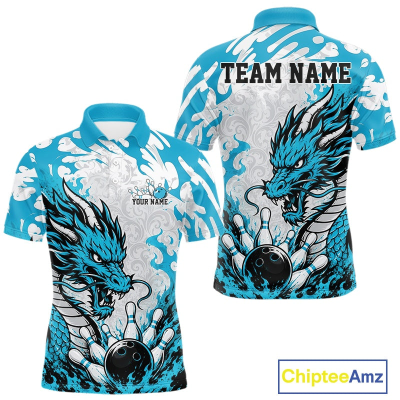 Custom Cyan Blue Flame Dragon Bowling Team Polo Shirts, Bowling Tournament Shirt