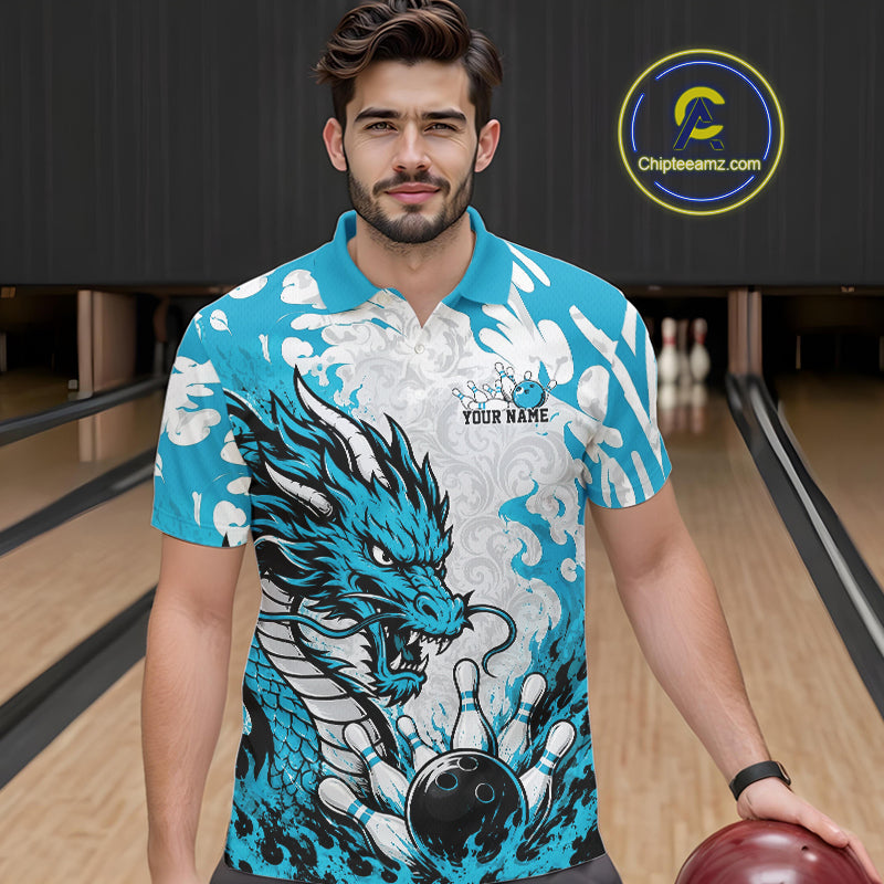 Custom Cyan Blue Flame Dragon Bowling Team Polo Shirts, Bowling Tournament Shirt