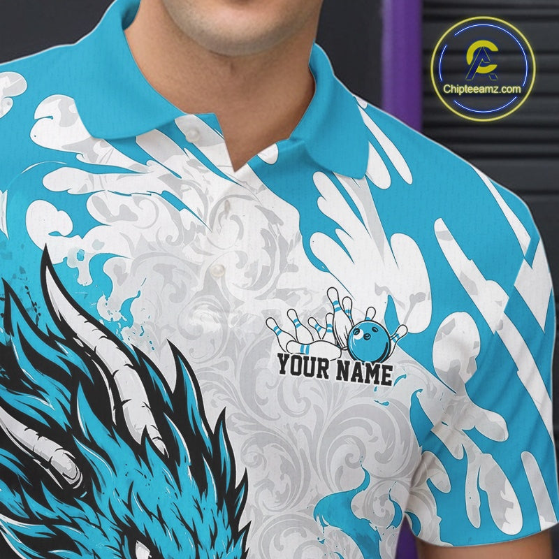 Custom Cyan Blue Flame Dragon Bowling Team Polo Shirts, Bowling Tournament Shirt