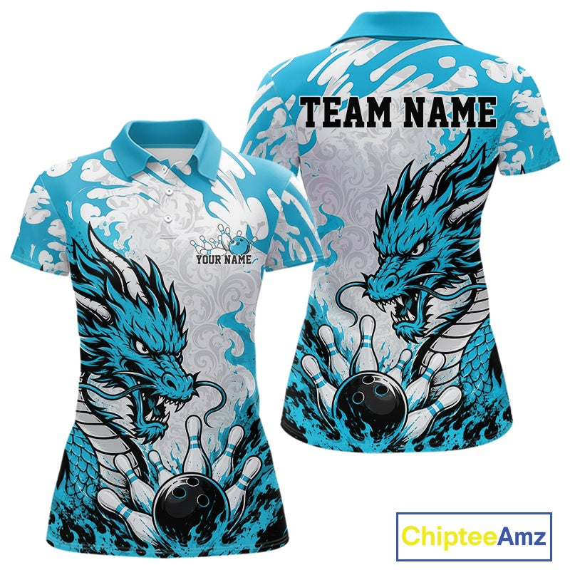 Custom Cyan Blue Flame Dragon Bowling Team Polo Shirts, Bowling Tournament Shirt