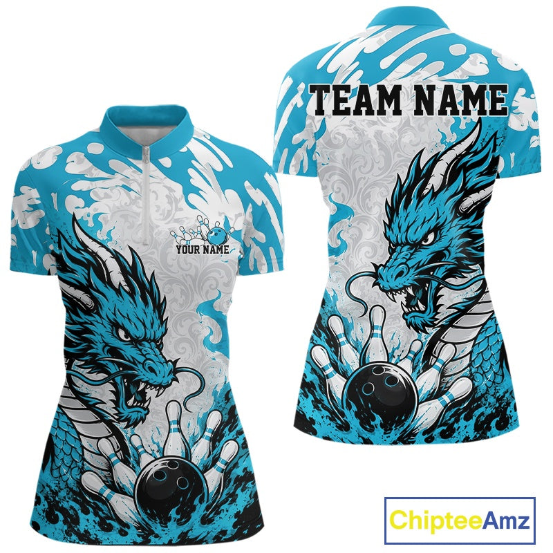 Custom Cyan Blue Flame Dragon Bowling Quarter-Zip Shirt, Bowling Tournament Shirt