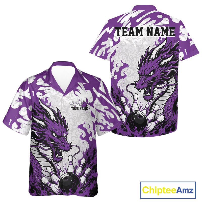 Custom Purple Flame Dragon Bowling Team And Hawaiian Shirts, Bowling Tournament Shirt