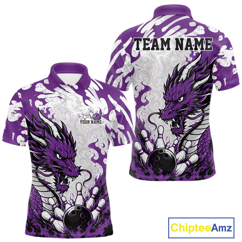 Custom Purple Flame Dragon Bowling Team Polo Shirts, Bowling Tournament Shirt