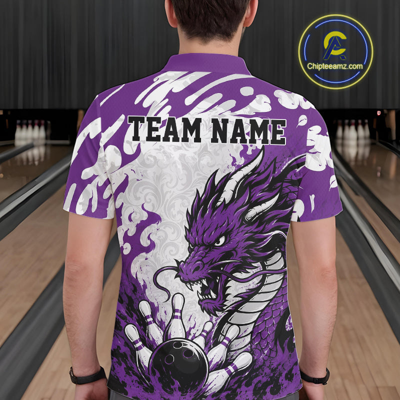 Custom Purple Flame Dragon Bowling Team Polo Shirts, Bowling Tournament Shirt