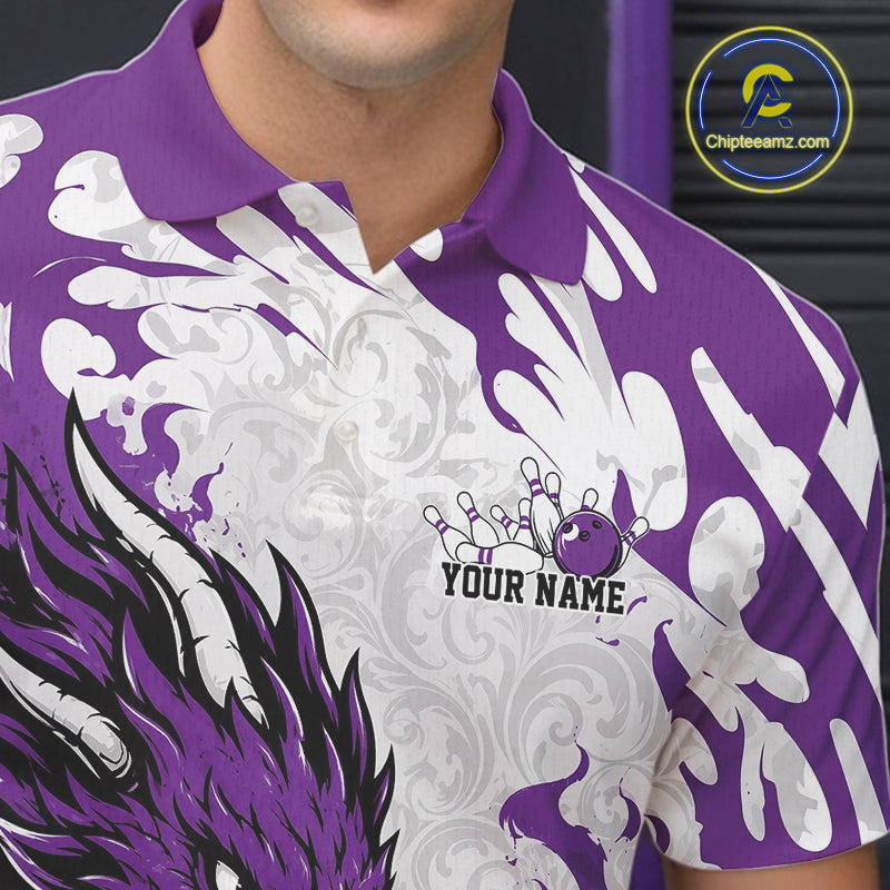 Custom Purple Flame Dragon Bowling Team Polo Shirts, Bowling Tournament Shirt