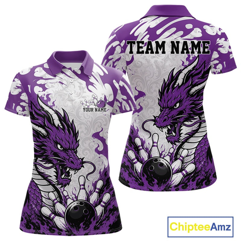 Custom Purple Flame Dragon Bowling Team Polo Shirts, Bowling Tournament Shirt