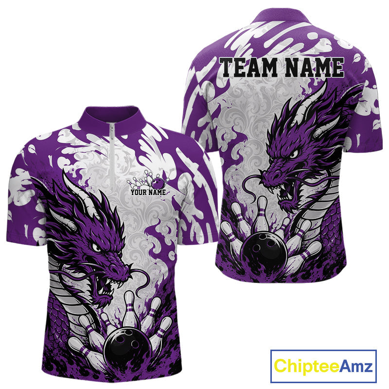 Custom Purple Flame Dragon Bowling Team Quarter-Zip Shirts, Bowling Tournament Shirt