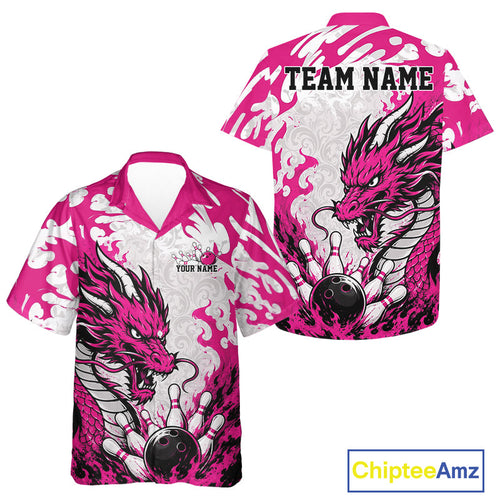 Custom Pink Flame Dragon Bowling Team And Hawaiian Shirts, Bowling Tournament Shirt