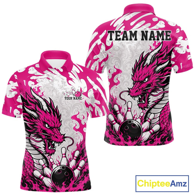 Custom Pink Flame Dragon Bowling Team Polo Shirts, Bowling Tournament Shirt