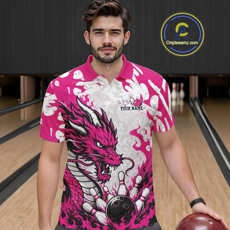 Custom Pink Flame Dragon Bowling Team Polo Shirts, Bowling Tournament Shirt