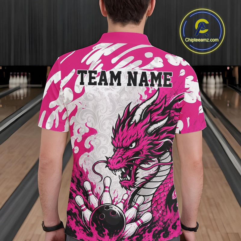 Custom Pink Flame Dragon Bowling Team Polo Shirts, Bowling Tournament Shirt