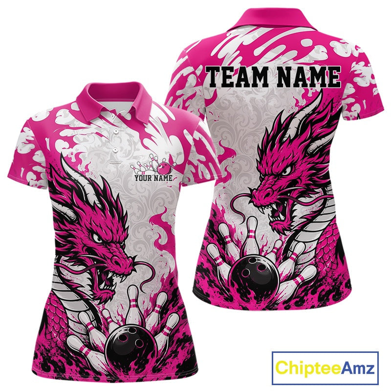 Custom Pink Flame Dragon Bowling Team Polo Shirts, Bowling Tournament Shirt