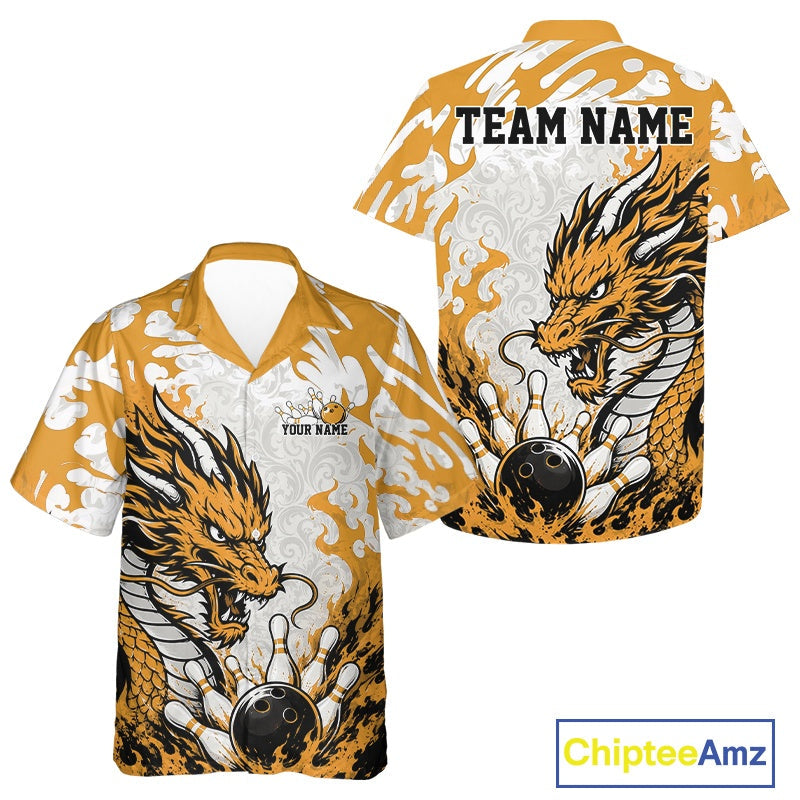 Custom Yellow Flame Dragon Bowling Team And Hawaiian Shirts, Bowling Tournament Shirt