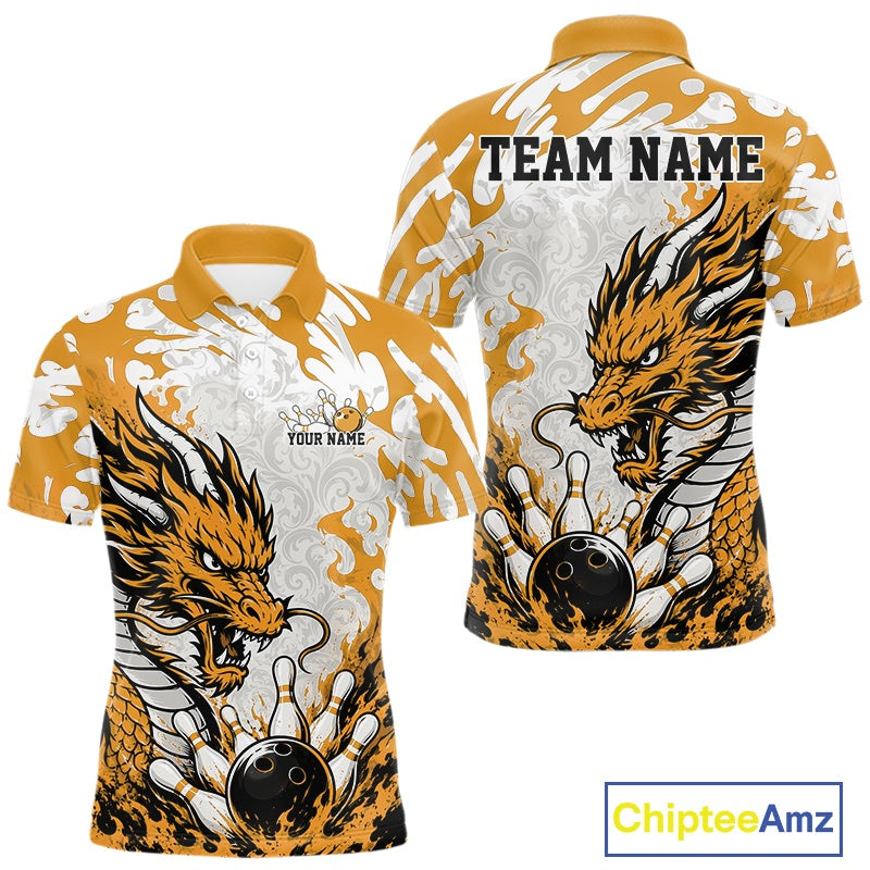 Custom Yellow Flame Dragon Bowling Team Polo Shirts, Bowling Tournament Shirt