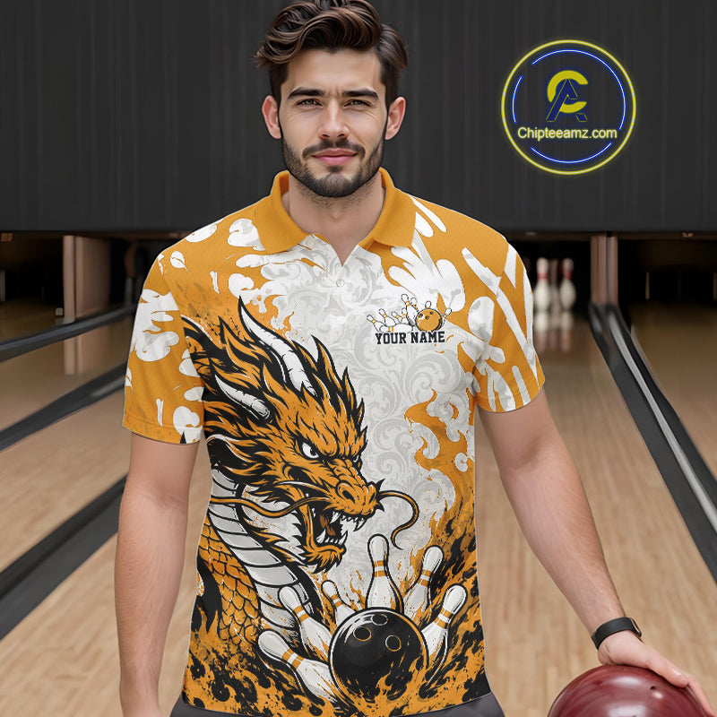 Custom Yellow Flame Dragon Bowling Team Polo Shirts, Bowling Tournament Shirt
