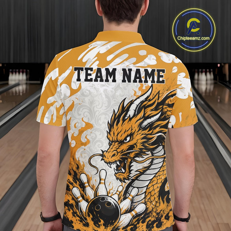 Custom Yellow Flame Dragon Bowling Team Polo Shirts, Bowling Tournament Shirt