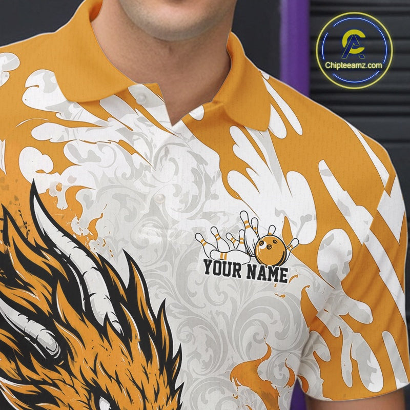 Custom Yellow Flame Dragon Bowling Team Polo Shirts, Bowling Tournament Shirt