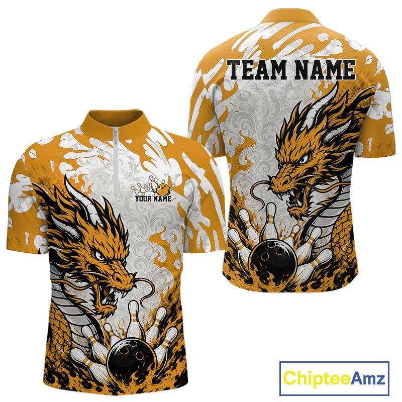 Custom Yellow Flame Dragon Bowling Team Quarter-Zip Shirts, Bowling Tournament Shirt