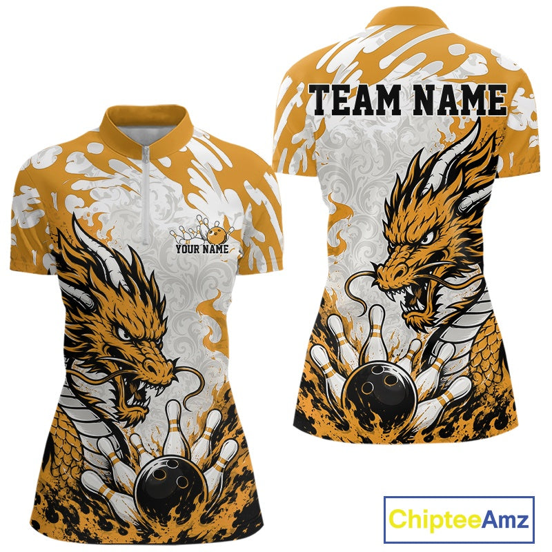 Custom Yellow Flame Dragon Bowling Quarter-Zip Shirts, Bowling Tournament Shirt