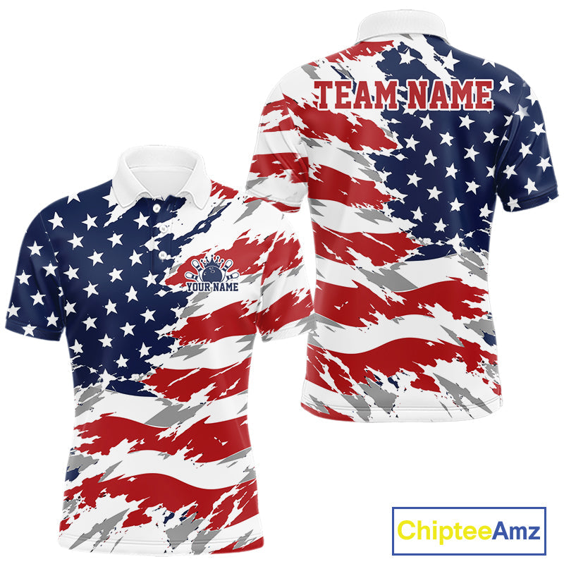 Custom Patriotic American Bowling Polo Shirt, US Flag Bowling League Team Shirt