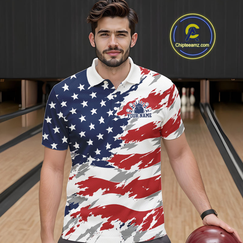 Custom Patriotic American Bowling Polo Shirt, US Flag Bowling League Team Shirt