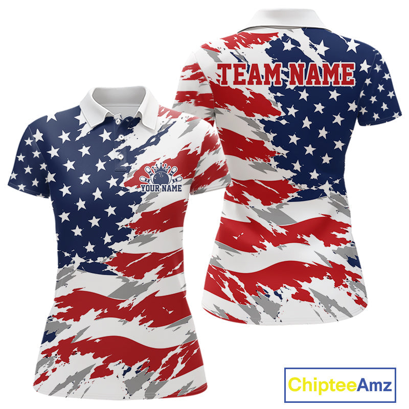 Custom Patriotic American Bowling Polo Shirt, US Flag Bowling League Team Shirt