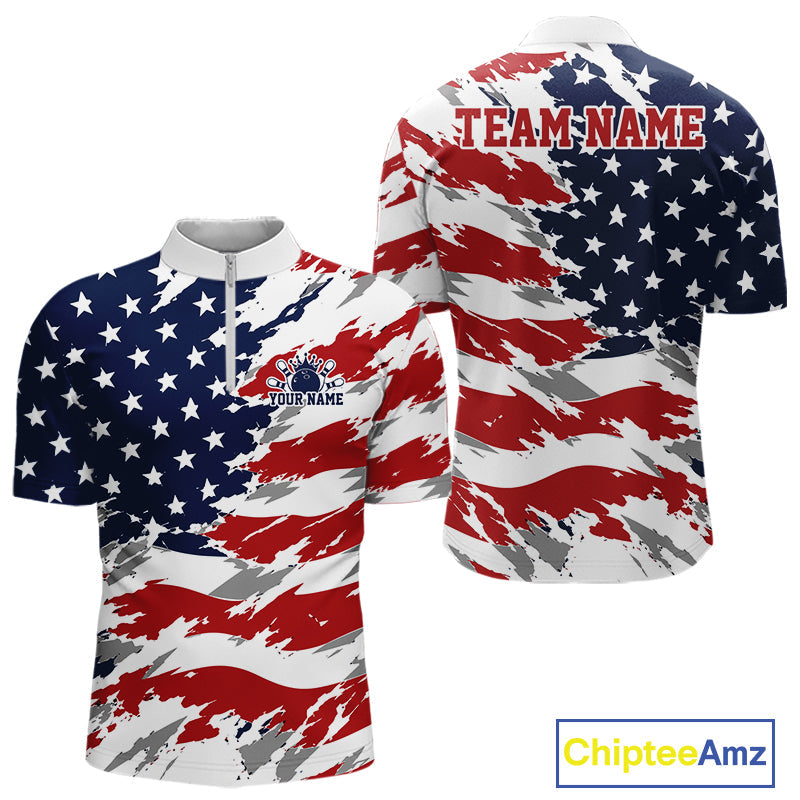 Custom Patriotic American Bowling Quarter-Zip Shirt, US Flag Bowling League Team Shirt