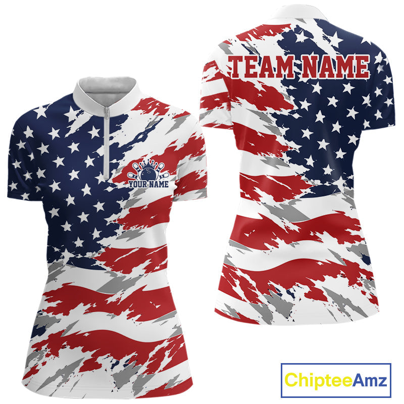 Custom Patriotic American Bowling Quarter-Zip Shirt, US Flag Bowling League Shirt