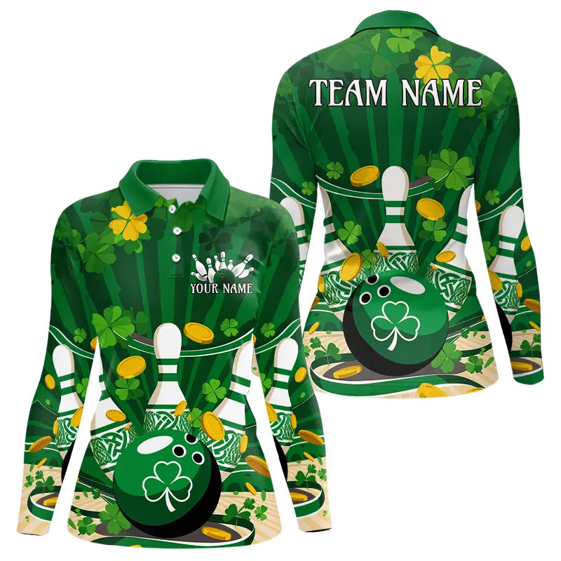 Custom Green St Patrick's Bowling Long Sleeve Polo Shirts, Celtic Team Bowling Outfits