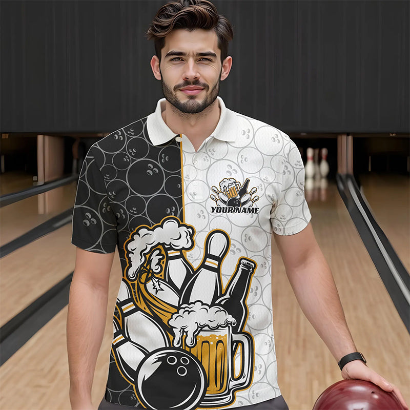 Custom Funny Bowling And Beer Team Bowling Polo Shirts, Bowling Pattern Shirt