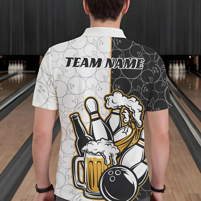 Custom Funny Bowling And Beer Team Bowling Polo Shirts, Bowling Pattern Shirt
