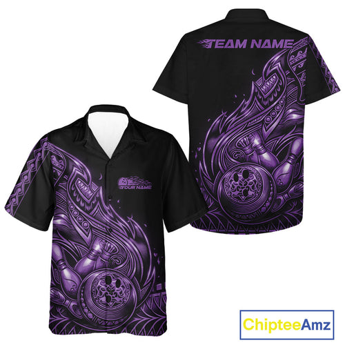 Custom Black And Purple Tribal Flame Bowling And Hawaiian Shirts, Polynesian Bowler Outfit