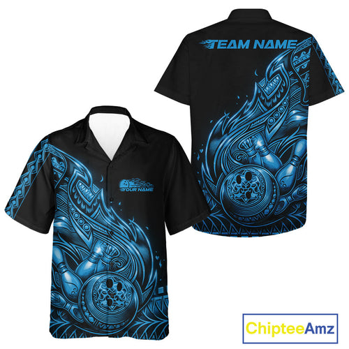 Custom Black And Blue Tribal Flame Bowling And Hawaiian Shirts, Polynesian Bowler Outfit