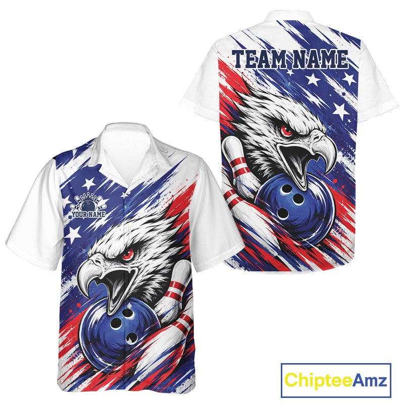 Custom Patrotic Eagle Bowling And Hawaiian Team Shirt, US Flag Bowling Jerseys