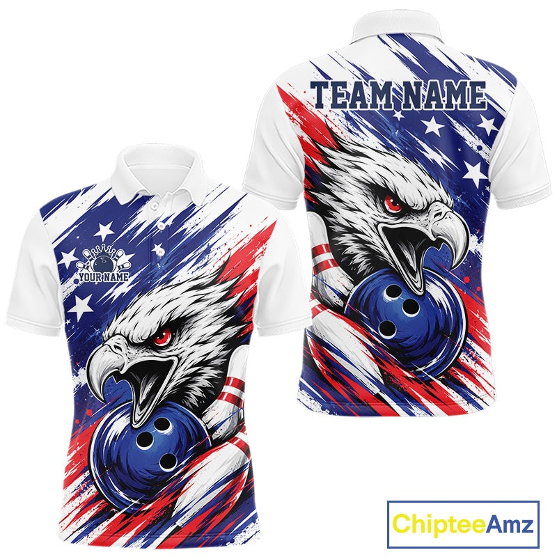 Custom Patrotic Eagle Bowling Polo Team Shirt, US Flag Bowling Jerseys
